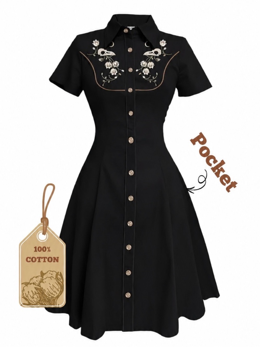 RETRO STAGE Black Embroidered Button-Front Cotton Dress